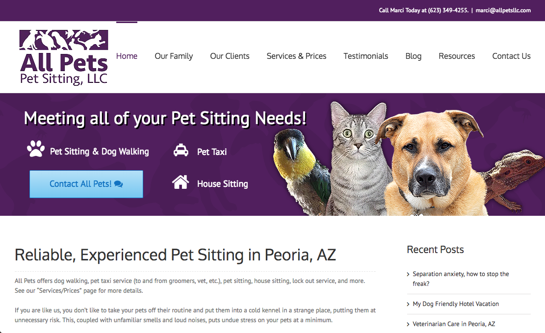 All Pets Pet Sitting website
